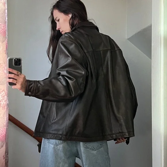 Vintage Brown Leather Bomber Jacket Faded Distressed Oversized Full Zip
